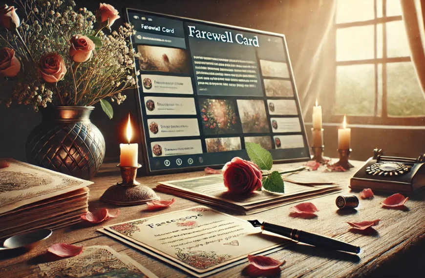An open farewell card lies on a wooden desk surrounded by scattered rose petals and a fountain pen, symbolizing heartfelt emotions. In the background, a digital screen displays an online farewell card interface with warm messages, blending tradition and modernity.