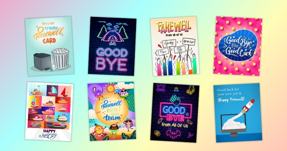 This is a colorful image featuring a collection of greeting cards with various themes such as thank you, farewell, get well soon, birthday, anniversary, and celebrations of love