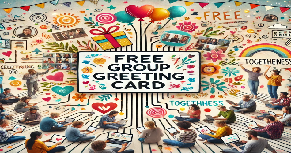 Colorful group greeting card with festive decorations and diverse people contributing messages digitally